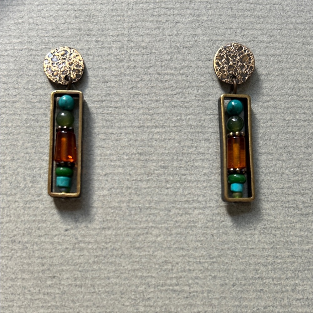 Brass, Turquoise, Amber, Jade and Glass Vintage Inspired Earrings
